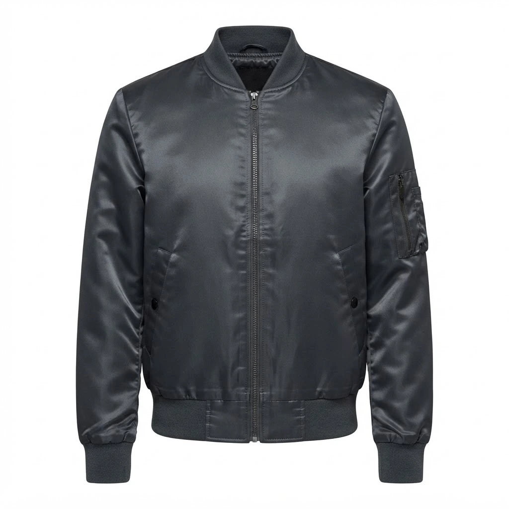 Quinton Grey MA-1 Bomber Jacket front view featuring charcoal grey satin fabric, full zip closure, sleeve utility pocket, and ribbed trim   