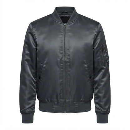 Quinton Grey MA-1 Bomber Jacket front view featuring charcoal grey satin fabric, full zip closure, sleeve utility pocket, and ribbed trim   