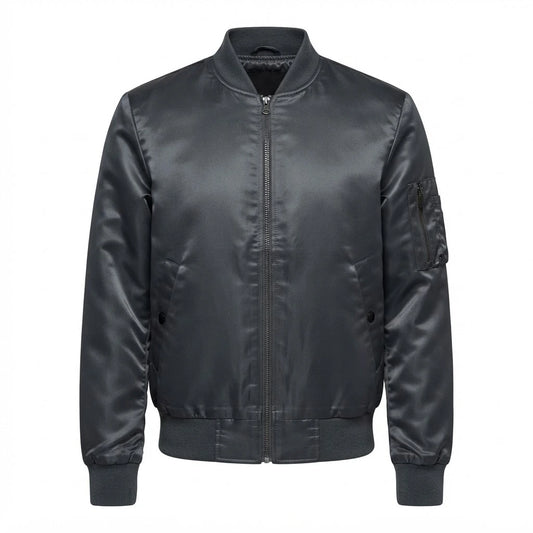 Quinton Grey MA-1 Bomber Jacket front view featuring charcoal grey satin fabric, full zip closure, sleeve utility pocket, and ribbed trim   