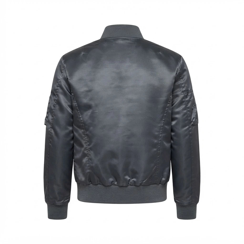 Quinton Grey MA-1 Bomber Jacket front view featuring charcoal grey satin fabric, full zip closure, sleeve utility pocket, and ribbed trim   