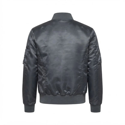 Quinton Grey MA-1 Bomber Jacket front view featuring charcoal grey satin fabric, full zip closure, sleeve utility pocket, and ribbed trim   