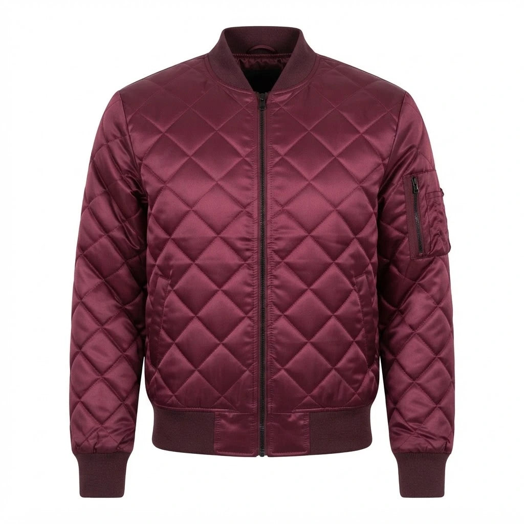 Quinton Maroon MA-1 Bomber Jacket front view featuring maroon satin fabric, diamond quilting, full zip closure, sleeve utility pocket, and ribbed trim   