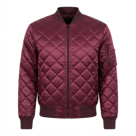 Quinton Maroon MA-1 Bomber Jacket front view featuring maroon satin fabric, diamond quilting, full zip closure, sleeve utility pocket, and ribbed trim   