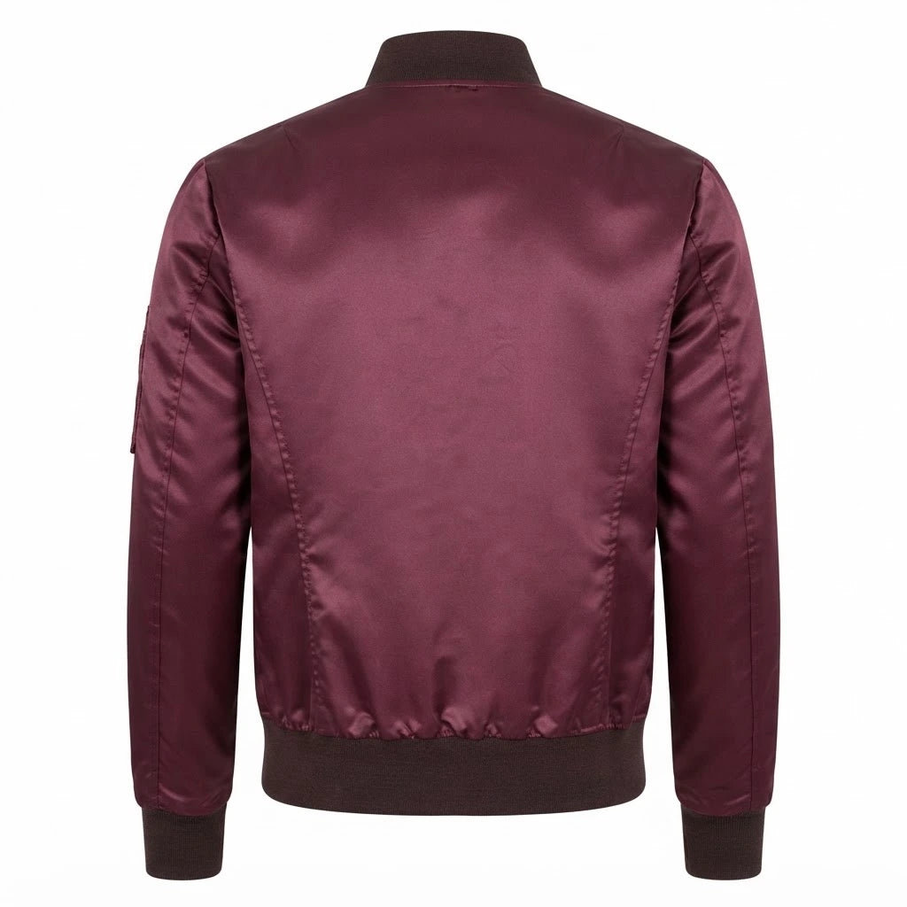 Quinton Maroon MA-1 Bomber Jacket front view featuring maroon satin fabric, diamond quilting, full zip closure, sleeve utility pocket, and ribbed trim   
