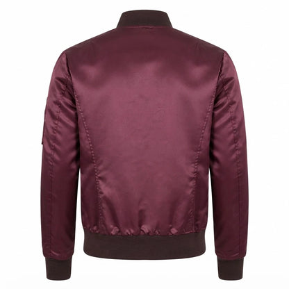 Quinton Maroon MA-1 Bomber Jacket front view featuring maroon satin fabric, diamond quilting, full zip closure, sleeve utility pocket, and ribbed trim   