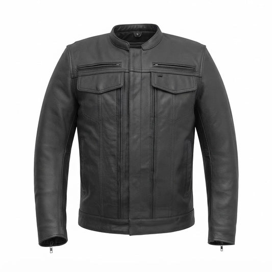 Raider Men’s Motorcycle Leather Jacket front view featuring mandarin collar, button-flap chest pockets, and central metal zipper
