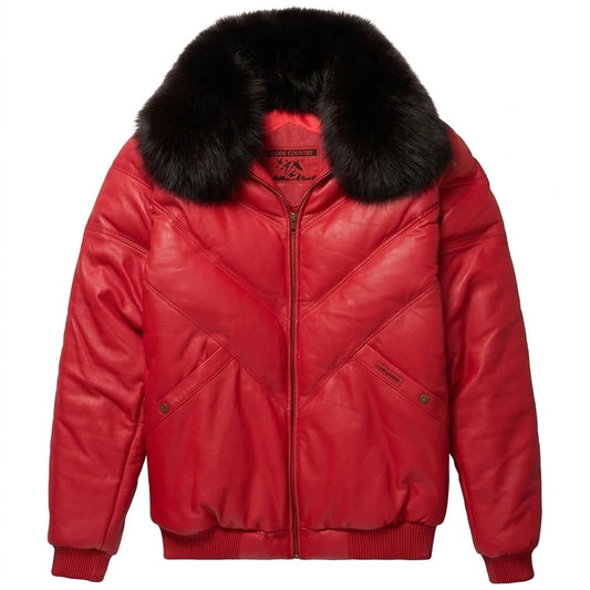 Red V Bomber Leather Jacket with dark fur collar