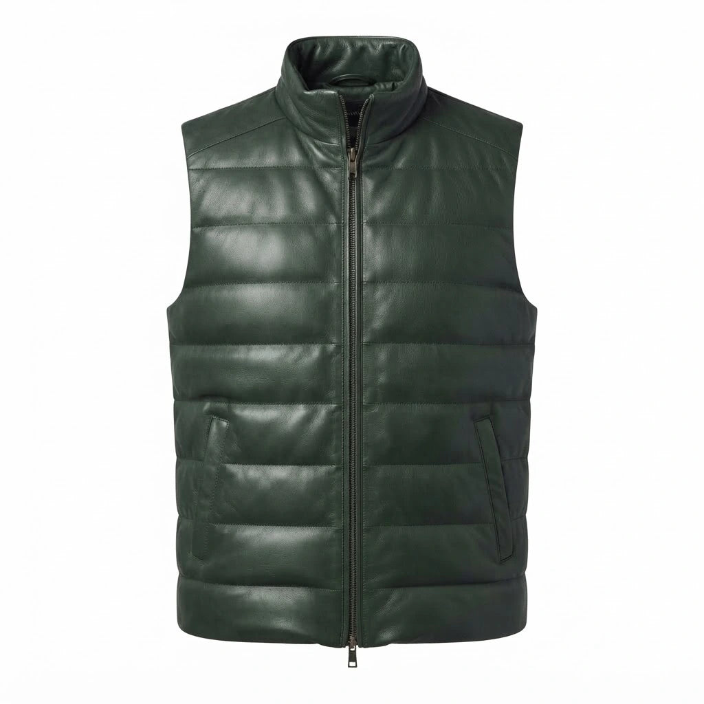 Reeves Green Leather Puffer Vest front view featuring rich forest green genuine leather, horizontal quilted padding, stand collar, and two-way zipper