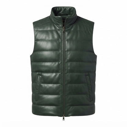 Reeves Green Leather Puffer Vest front view featuring rich forest green genuine leather, horizontal quilted padding, stand collar, and two-way zipper