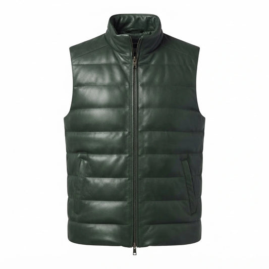 Reeves Green Leather Puffer Vest front view featuring rich forest green genuine leather, horizontal quilted padding, stand collar, and two-way zipper