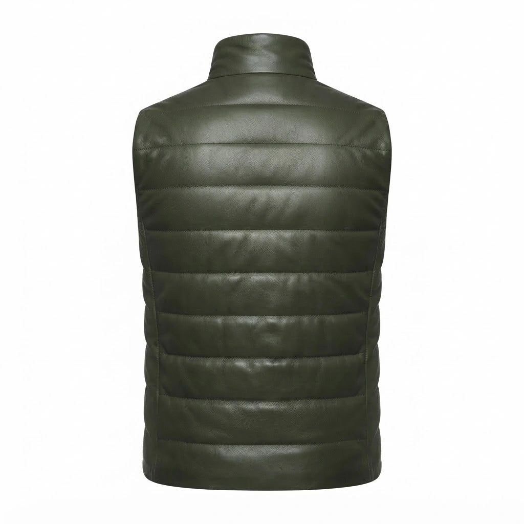 Reeves Green Leather Puffer Vest front view featuring rich forest green genuine leather, horizontal quilted padding, stand collar, and two-way zipper