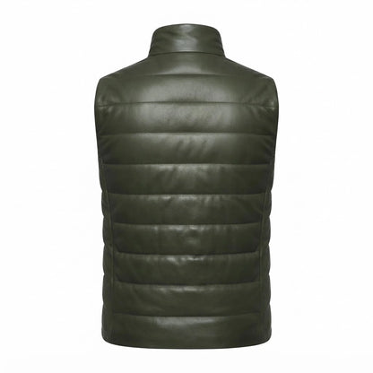 Reeves Green Leather Puffer Vest front view featuring rich forest green genuine leather, horizontal quilted padding, stand collar, and two-way zipper