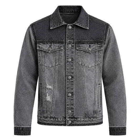 Ruthless Back Print Denim Trucker Jacket front view featuring washed grey cotton denim, dark contrast yoke, button front, and chest pockets   