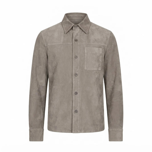 Scout Grey Suede Leather Shirt Jacket front view featuring genuine grey suede, point collar, button front, and single chest pocket   