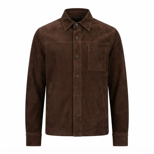 Scout Mocha Suede Leather Shirt front view featuring genuine mocha brown suede, point collar, button front, and chest patch pocket   