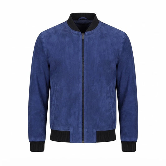 Shane Blue Suede Bomber Jacket front view featuring genuine royal blue suede, black ribbed knit trim, full zipper, and welt pockets   