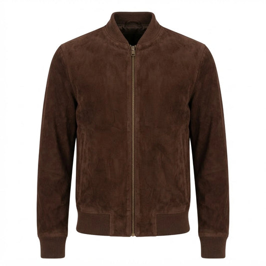 Shane Mocha Suede Bomber Jacket front view featuring genuine mocha brown suede, matching ribbed knit trim, full zipper, and welt pockets