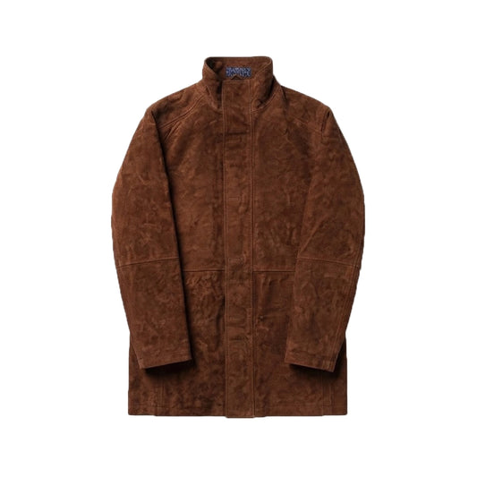 Sheriff Brown Suede Jacket front view with high collar and button placket, white background