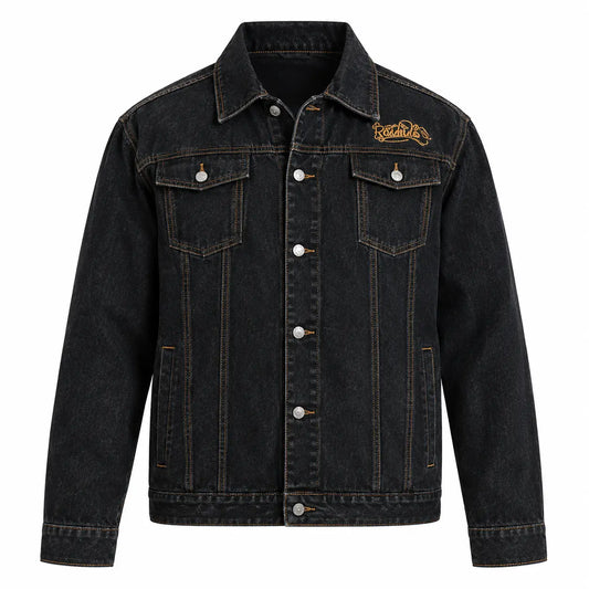 Southpole Contrast Stitch Denim Trucker Jacket front view featuring washed black cotton denim, bronze contrast stitching, script chest embroidery, and button front   