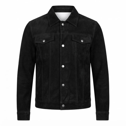 Stallon Black Suede Trucker Jacket front view featuring genuine black suede, point collar, button front, and chest flap pockets   