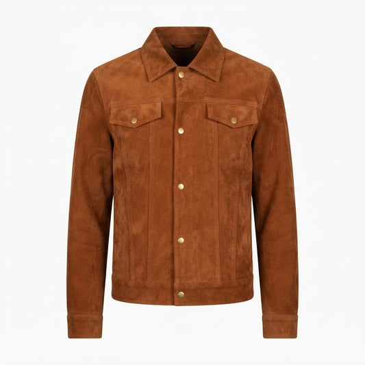 Stallon Brown Suede Trucker Jacket front view featuring genuine brown suede, point collar, button front, and chest flap pockets   