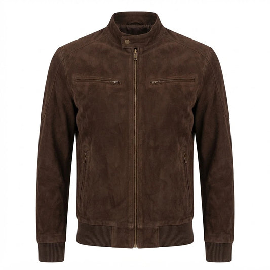 Sven Mocha Suede Bomber Jacket front view featuring genuine mocha brown suede, snap stand collar, dual-zip front, chest zip pockets, and ribbed hem