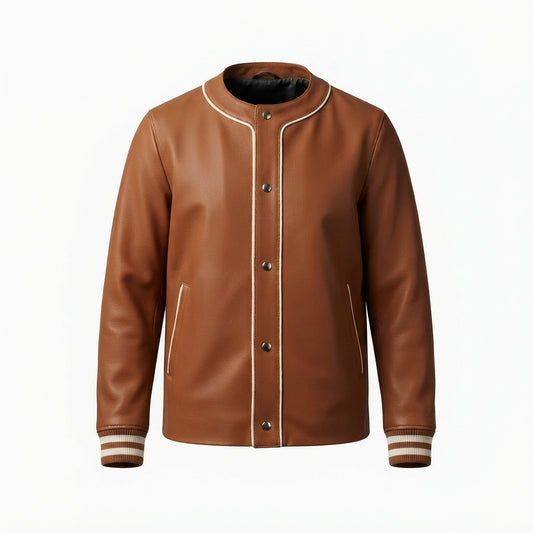 Tan Brown Leather Varsity Jacket front view with contrast piping, snap-button placket, and striped ribbing, white background