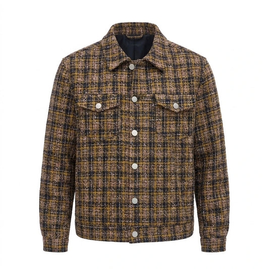 Textured Tweed Plaid Trucker Jacket front view featuring woven tweed fabric, earth-tone plaid pattern, button front, and chest flap pockets   