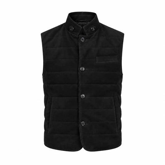 Tony Black Suede Vest front view featuring rich black genuine suede, stand collar with snaps, and button closure