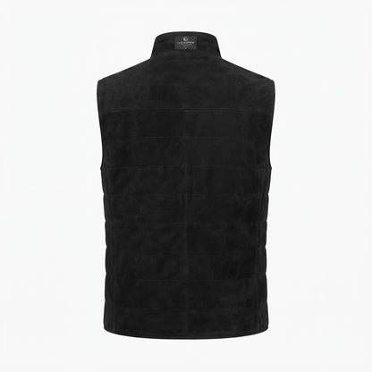 Tony Black Suede Vest front view featuring rich black genuine suede, stand collar with snaps, and button closure