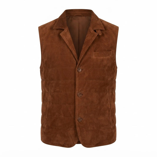Tony Brown Suede Vest front view featuring rich cognac brown genuine suede, notched lapels, and button closure
