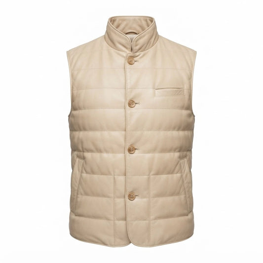 Tony Off-White Suede Vest front view featuring rich off-white genuine suede, stand collar, and button closure