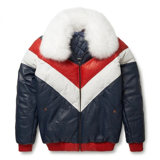 V Bomber Leather Jacket in navy red white leather with white shearling collar front view