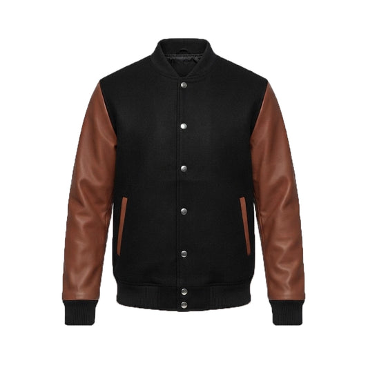 Vaxton Brown and Black Hybrid Varsity Jacket front view with contrast sleeves and snap-button placket, grey background