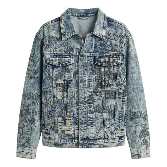 Verbiage Distressed Denim Trucker Jacket front view featuring acid-wash blue cotton denim, handwritten script graphics, heavy distressing, and button front   