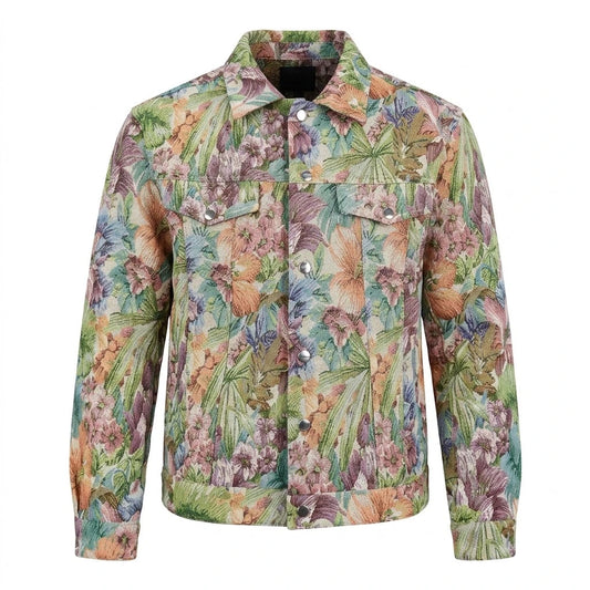 Vintage Tapestry Trucker Jacket front view featuring woven floral tapestry fabric, button front, and chest flap pockets   