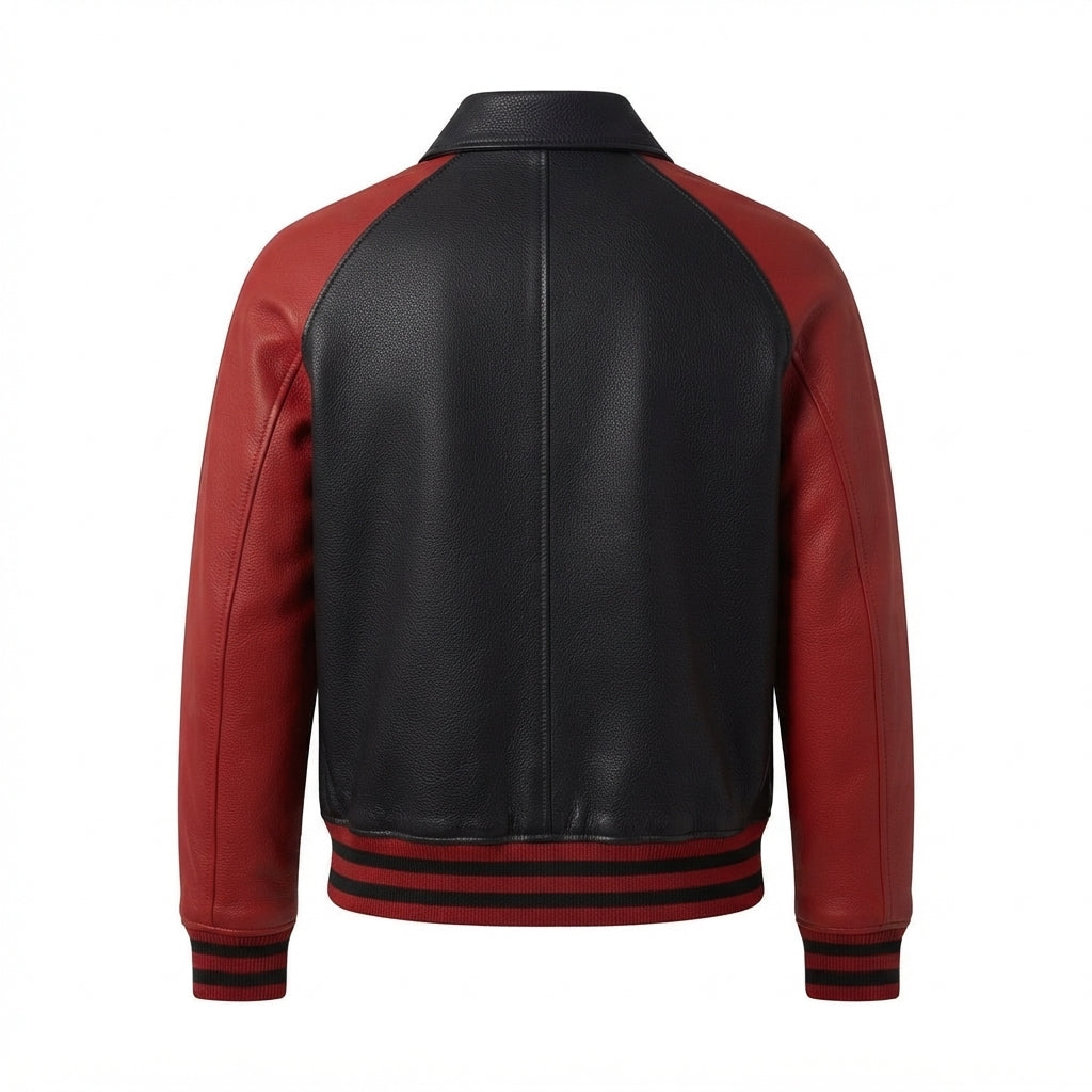 Walton Black and Red Leather Varsity Jacket front view with contrast sleeves, turn-down collar, full-zip front, and striped ribbing