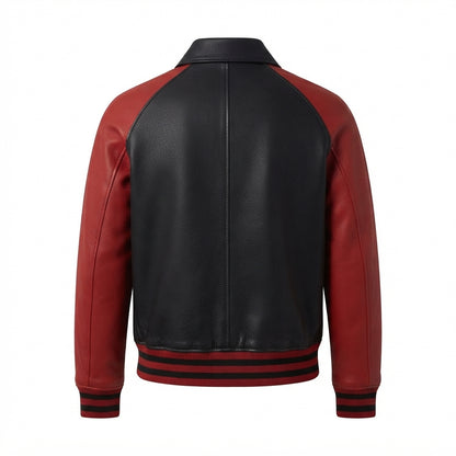Walton Black and Red Leather Varsity Jacket front view with contrast sleeves, turn-down collar, full-zip front, and striped ribbing