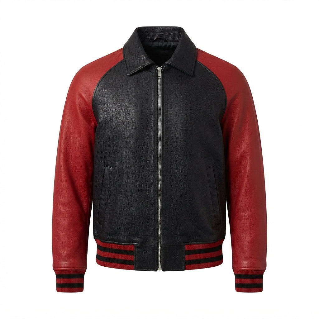 Walton Black and Red Leather Varsity Jacket front view with contrast sleeves, turn-down collar, full-zip front, and striped ribbing