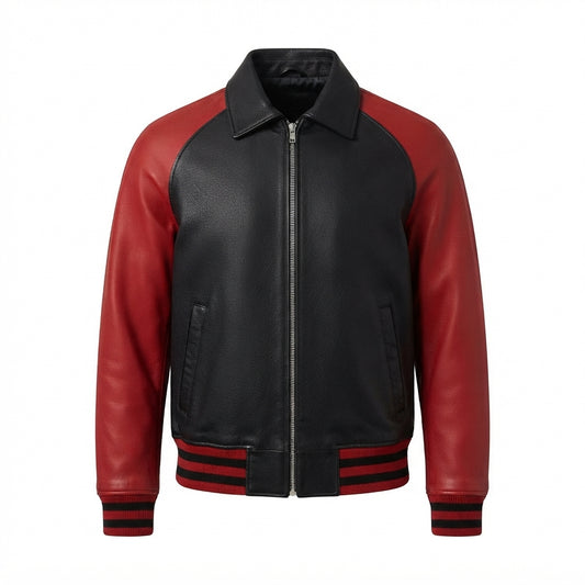 Walton Black and Red Leather Varsity Jacket front view with contrast sleeves, turn-down collar, full-zip front, and striped ribbing