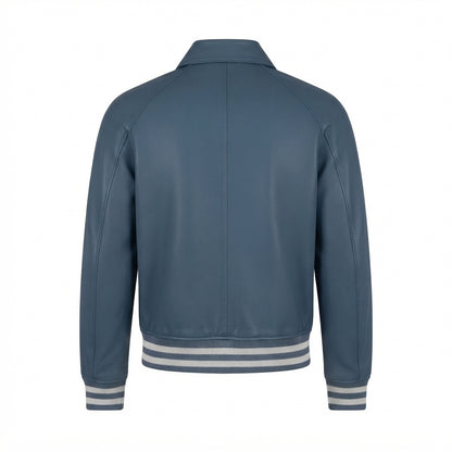 Walton Blue Leather Varsity Jacket front view with turn-down collar, full-zip front, and striped ribbing