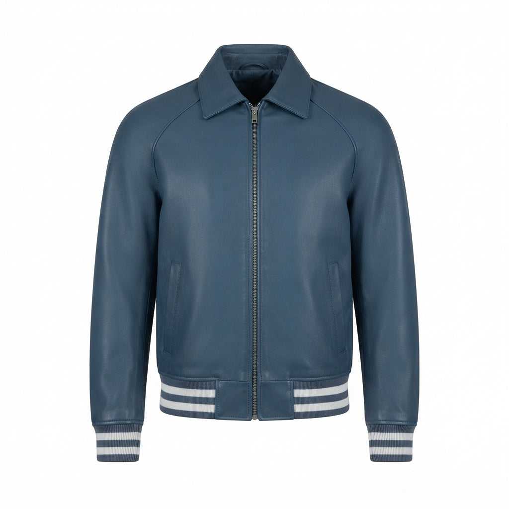 Walton Blue Leather Varsity Jacket front view with turn-down collar, full-zip front, and striped ribbing