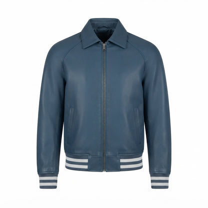 Walton Blue Leather Varsity Jacket front view with turn-down collar, full-zip front, and striped ribbing