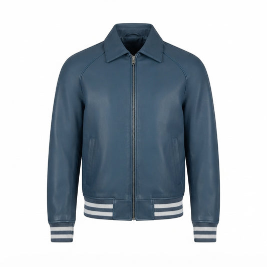 Walton Blue Leather Varsity Jacket front view with turn-down collar, full-zip front, and striped ribbing
