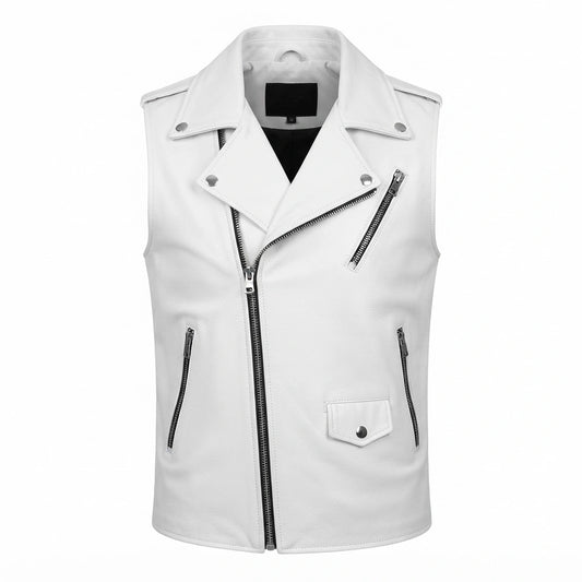White Leather Biker Vest front view featuring crisp white genuine leather, asymmetric front zipper, lapel collar, and multiple zippered utility pockets