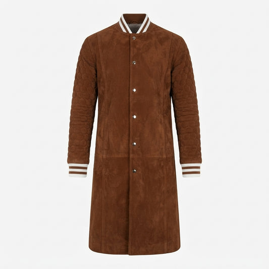Wilde Men's Brown Suede Varsity Coat front view with extended length, snap-button front, quilted sleeves, and striped ribbing