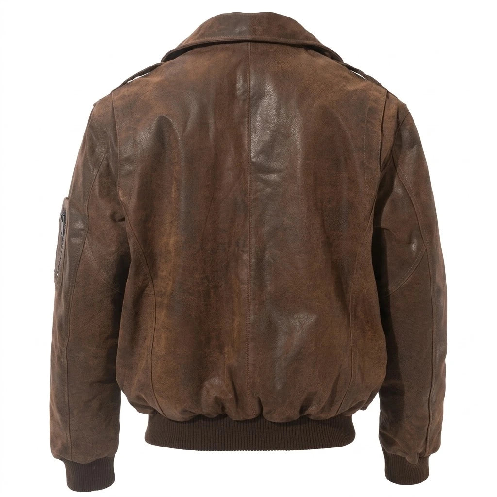 Women’s Aviator Leather Jacket – Cozy & Stylish front view with wide collar and brown distressed leather
