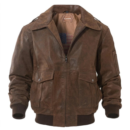 Women’s Aviator Leather Jacket – Cozy & Stylish front view with wide collar and brown distressed leather