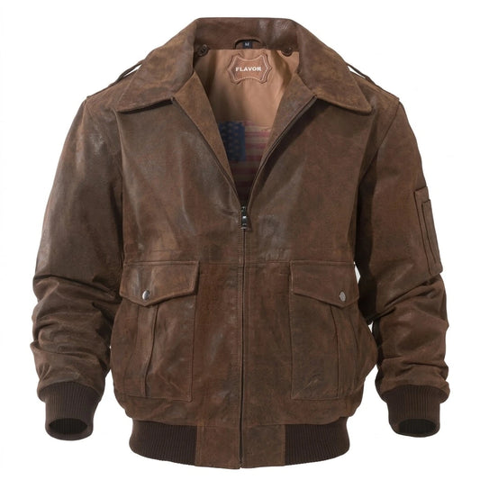Women’s Aviator Leather Jacket – Cozy & Stylish front view with wide collar and brown distressed leather