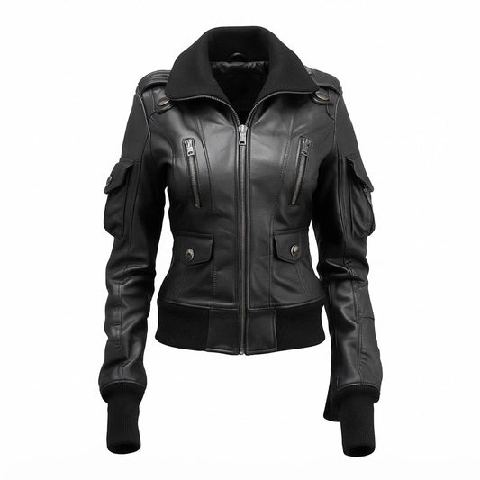 Women’s Black Leather Bomber Jacket front view featuring genuine black leather, matching ribbed collar, cuffs, hem, front zip, and utility pockets   